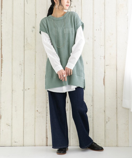 osharewalker（オシャレウォーカー）の「『ケーブル×メッシュニットベスト』（ベスト・レディース・グレイッシュブルー/ベージュ/ブラック・FREE）」の5枚目の写真