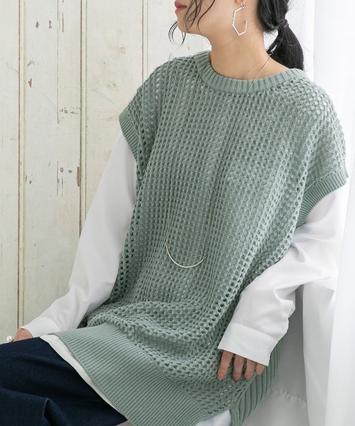 osharewalker（オシャレウォーカー）の「『ケーブル×メッシュニットベスト』（ベスト・レディース・グレイッシュブルー/ベージュ/ブラック・FREE）」の8枚目の写真