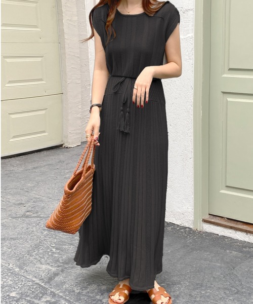 ウエストマーククロシェ柄切り替えマキシ丈ロングワンピース