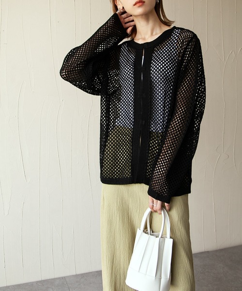 Chillfar(チルファー)の「あみあみリネンライク2wayサマーニットカーデ(カーディガン/ボレロ・レディース・ブラック/アイボリー/カーキブラウン/ライトイエロー/グレイッシュベージュ・FREE)」の12枚目の写真