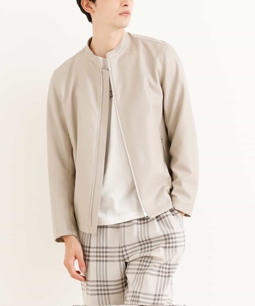 a.v.v(アーヴェヴェ)の「【洗濯機で洗える】フェイクレザーショートブルゾン(ライダースジャケット・メンズ・ライトグレー/ブラック・46/48)」の1枚目の写真