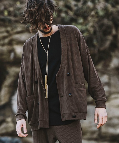 NO ID.(ノーアイディ)の「【NO ID.】Rib Big Cardigan / テレコ ビッグ カーディガン(カーディガン/ボレロ・メンズ・ブラック/ブラウン/サックスブルー・ONE SIZE)」の3枚目の写真
