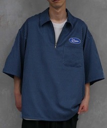 ハーフZIP ワッペン 半袖シャツ ストライプ ワークシャツ 春服
