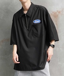 ハーフZIP ワッペン 半袖シャツ ストライプ ワークシャツ 春服