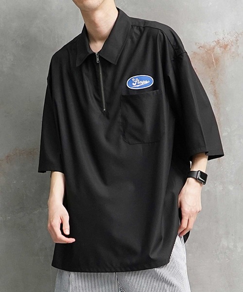 JOKER（ジョーカー）の「ハーフZIP ワッペン 半袖シャツ ストライプ ワークシャツ 春服（シャツ/ブラウス・メンズ・ブラック/ネイビー/サックスブルー/ブラック系その他・M/L）」の2枚目の写真