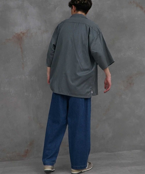 ハーフZIP ワッペン 半袖シャツ ストライプ ワークシャツ 夏服