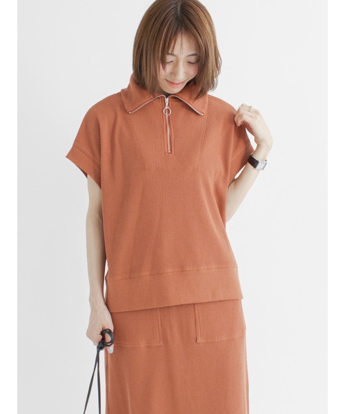 Lugnoncure(ルノンキュール)の「ハーフジップトップス【セットアップ】(Tシャツ/カットソー・レディース・ブラック/オレンジ/キナリ・フリ-)」の1枚目の写真