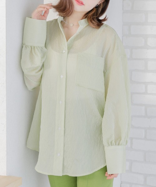 ems excite（エムズエキサイト）の「ストライプシアーSH（シャツ/ブラウス・レディース・グリーン系その他/イエロー系その他/レッド系その他・FREE）」の2枚目の写真