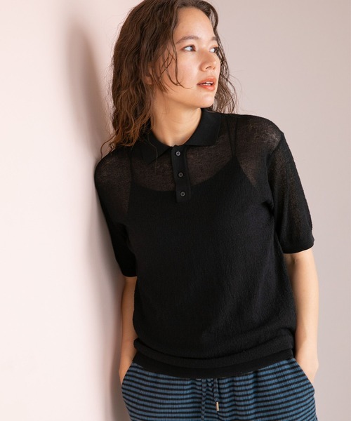 niko and...（ニコアンド）の「シアーニットポロプルオーバー（ポロシャツ・レディース・ブラック/オレンジ/アイボリー・MEDIUM/LARGE）」の2枚目の写真