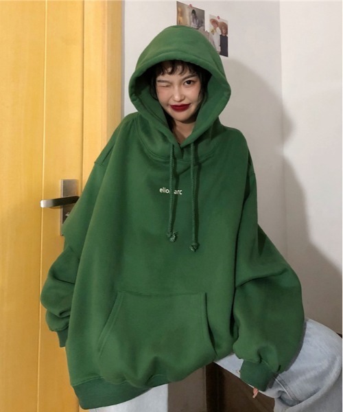 ARCADE（アーケード）の「韓国風 オーバーサイズ ミニカレッジロゴ フーディー スウェット パーカー -ARCADE Limited Line-（パーカー・レディース・ネイビー/グレー/グリーン・FREE）」の2枚目の写真