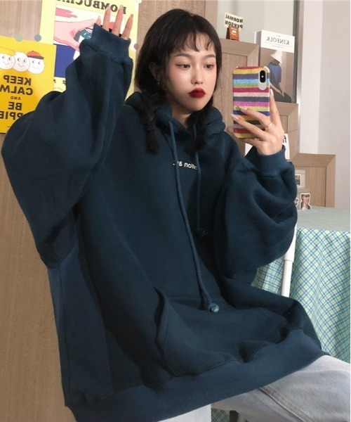 ARCADE（アーケード）の「韓国風 オーバーサイズ ミニカレッジロゴ フーディー スウェット パーカー -ARCADE Limited Line-（パーカー・レディース・ネイビー/グレー/グリーン・FREE）」の10枚目の写真