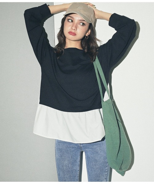 ANAP（アナップ）の「異素材ドッキングトップスカットソー（Tシャツ/カットソー・レディース・ベージュ/ブラック・FREE）」の2枚目の写真