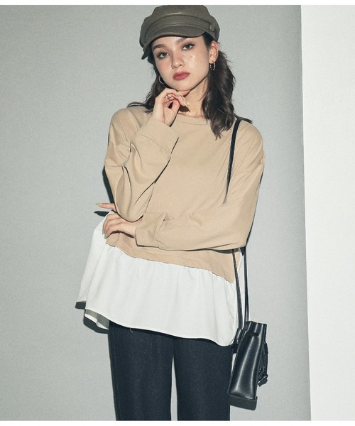 ANAP（アナップ）の「異素材ドッキングトップスカットソー（Tシャツ/カットソー・レディース・ベージュ/ブラック・FREE）」の4枚目の写真