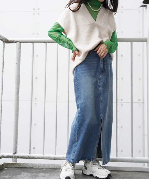 VENCEEXCHANGE(ヴァンスエクスチェンジ)の「フロントスリットロングスカート(デニムスカート・レディース・ブラック/ブルー/ネイビー・M)」の3枚目の写真