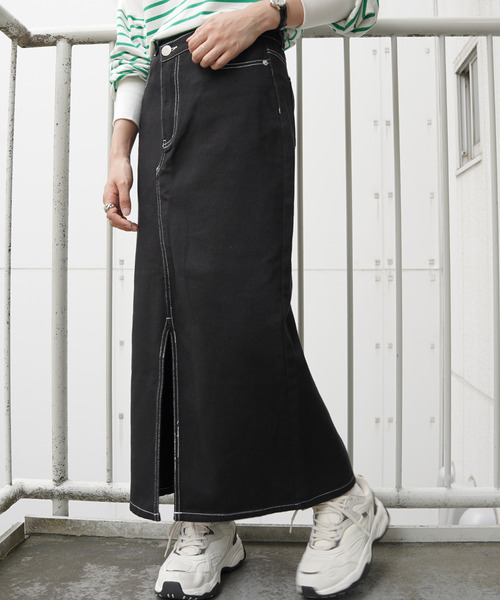 VENCEEXCHANGE(ヴァンスエクスチェンジ)の「フロントスリットロングスカート(デニムスカート・レディース・ブラック/ブルー/ネイビー・M)」の2枚目の写真