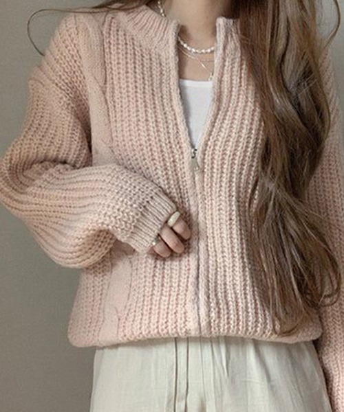 Chaco closet（チャコ クローゼット）の「畦ケーブル編みジップカーディガン（カーディガン/ボレロ・レディース・アイボリー/グレー/ピンク・FREE）」の3枚目の写真