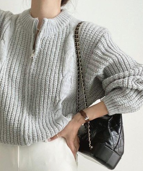 Chaco closet（チャコ クローゼット）の「畦ケーブル編みジップカーディガン（カーディガン/ボレロ・レディース・アイボリー/グレー/ピンク・FREE）」の8枚目の写真