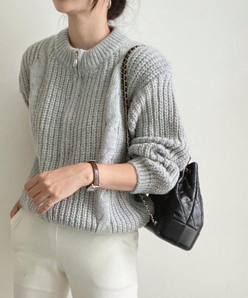 Chaco closet（チャコ クローゼット）の「畦ケーブル編みジップカーディガン（カーディガン/ボレロ・レディース・アイボリー/グレー/ピンク・FREE）」の14枚目の写真