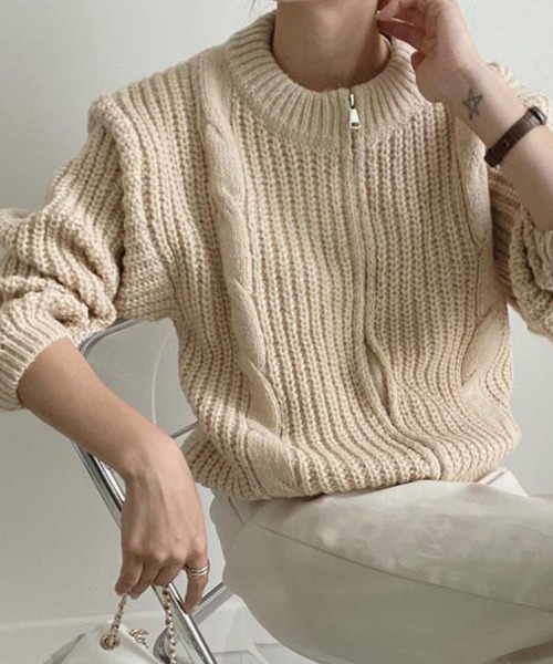 Chaco closet（チャコ クローゼット）の「畦ケーブル編みジップカーディガン（カーディガン/ボレロ・レディース・アイボリー/グレー/ピンク・FREE）」の7枚目の写真