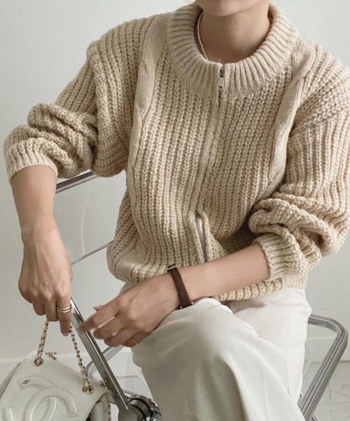 Chaco closet（チャコ クローゼット）の「畦ケーブル編みジップカーディガン（カーディガン/ボレロ・レディース・アイボリー/グレー/ピンク・FREE）」の19枚目の写真