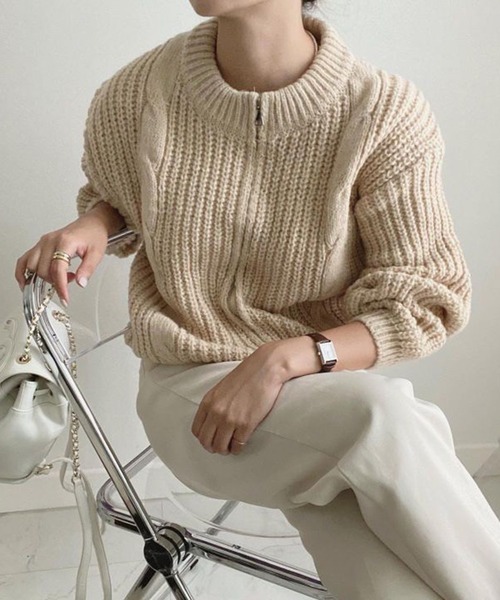 Chaco closet（チャコ クローゼット）の「畦ケーブル編みジップカーディガン（カーディガン/ボレロ・レディース・アイボリー/グレー/ピンク・FREE）」の12枚目の写真