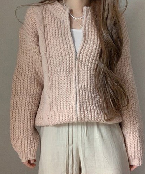 Chaco closet（チャコ クローゼット）の「畦ケーブル編みジップカーディガン（カーディガン/ボレロ・レディース・アイボリー/グレー/ピンク・FREE）」の5枚目の写真