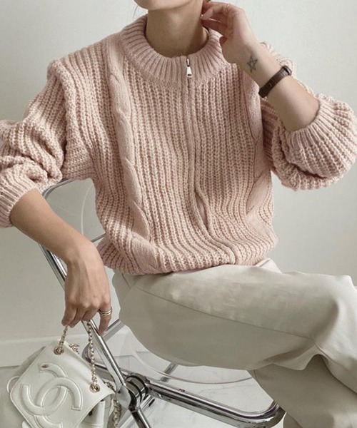 Chaco closet（チャコ クローゼット）の「畦ケーブル編みジップカーディガン（カーディガン/ボレロ・レディース・アイボリー/グレー/ピンク・FREE）」の10枚目の写真