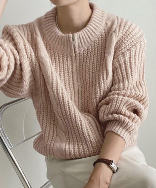 Chaco closet（チャコ クローゼット）の「畦ケーブル編みジップカーディガン（カーディガン/ボレロ・レディース・アイボリー/グレー/ピンク・FREE）」の15枚目の写真