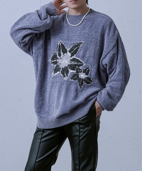 Ellno Loset（エルノロゼット）の「ベロアモールインターシャニット（ニット/セーター・メンズ・ブルー/ブラック/ライトグレー・MEDIUM/LARGE）」の3枚目の写真