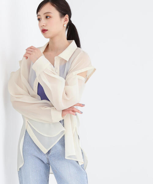 JILL by JILL STUART(ジルバイジルスチュアート)の「◇2WAYシアーシャツトップス(シャツ/ブラウス・レディース・グレー/ホワイト系その他/ブラウン・FREE)」の1枚目の写真