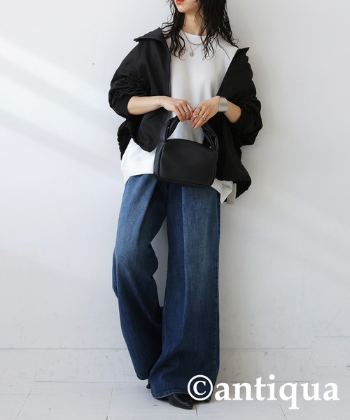 antiqua（アンティカ）の「リブ切り替えショートトップス（Tシャツ/カットソー・レディース・オフホワイト/グレイッシュベージュ/スミクロ/ブルー/ブラック/グリーン/杢グレー・FREE）」の13枚目の写真