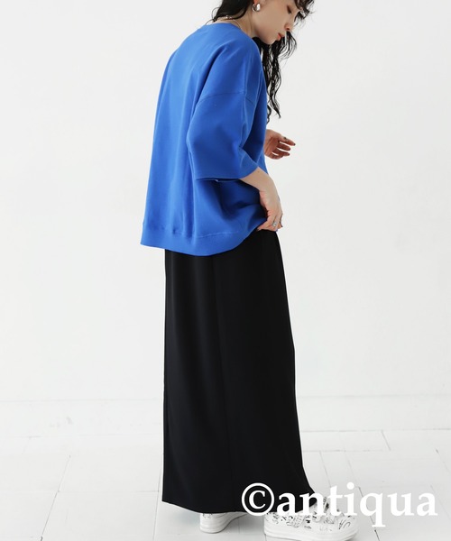 antiqua（アンティカ）の「リブ切り替えショートトップス（Tシャツ/カットソー・レディース・オフホワイト/グレイッシュベージュ/スミクロ/ブルー/ブラック/グリーン/杢グレー・FREE）」の14枚目の写真