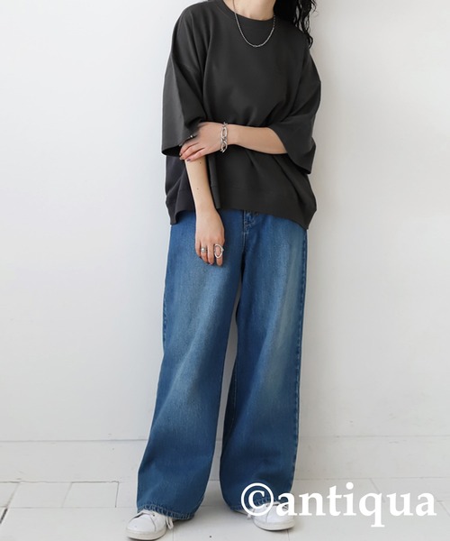 antiqua（アンティカ）の「リブ切り替えショートトップス（Tシャツ/カットソー・レディース・オフホワイト/グレイッシュベージュ/スミクロ/ブルー/ブラック/グリーン/杢グレー・FREE）」の8枚目の写真