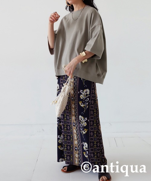 antiqua（アンティカ）の「リブ切り替えショートトップス（Tシャツ/カットソー・レディース・オフホワイト/グレイッシュベージュ/スミクロ/ブルー/ブラック/グリーン/杢グレー・FREE）」の9枚目の写真