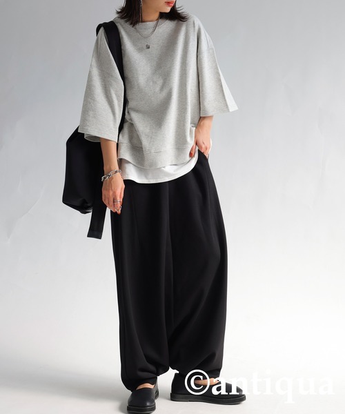 antiqua（アンティカ）の「リブ切り替えショートトップス（Tシャツ/カットソー・レディース・オフホワイト/グレイッシュベージュ/スミクロ/ブルー/ブラック/グリーン/杢グレー・FREE）」の19枚目の写真