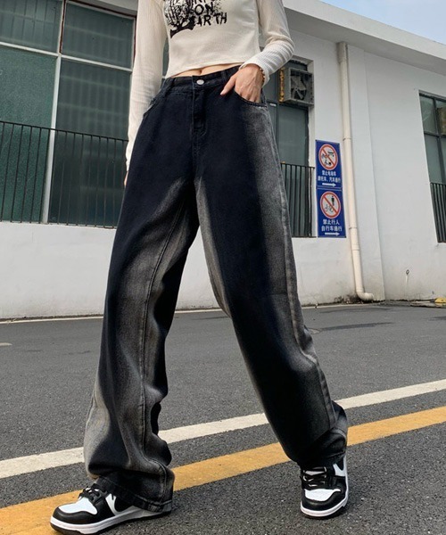 ブラックウォッシュデニムパンツ グラデーションカラー ワイド