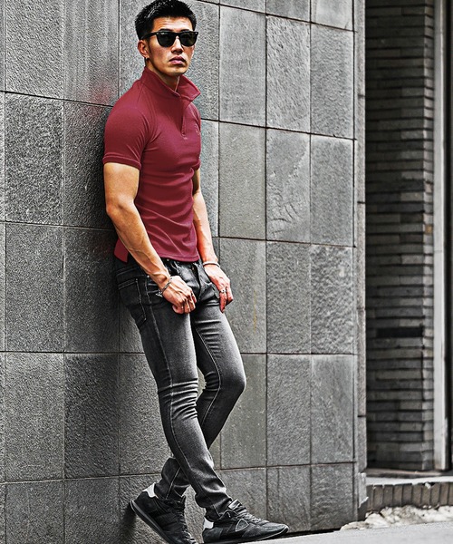 SOMEDIFF（サムディフ）の「【SOMEDIFF】カルゼ半袖ポロシャツ メンズ イタリアンカラー 立ち襟 トップス タイトシルエット 無地 春服（ポロシャツ・メンズ・ボルドー/ブラック/ホワイト・L/XL/M）」の9枚目の写真