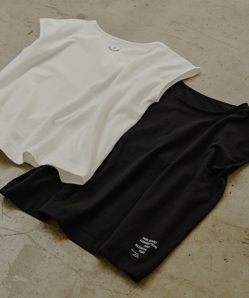 FEEL GOOD CONNECTION AND BLISSFUL TIME(フィールグッドコネクションアンドブリスフルタイム)の「【F&B】オーガニックコットンフレンチスリーブTシャツ(Tシャツ/カットソー・レディース・オフホワイト/ブラック・FREE)」の2枚目の写真