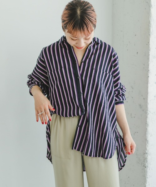 ITEMS URBANRESEARCH（アイテムズ アーバンリサーチ）の「ボイルストライプオーバーシャツ（シャツ/ブラウス・レディース・ブラウン/ブラック/オフホワイト・FREE）」の7枚目の写真