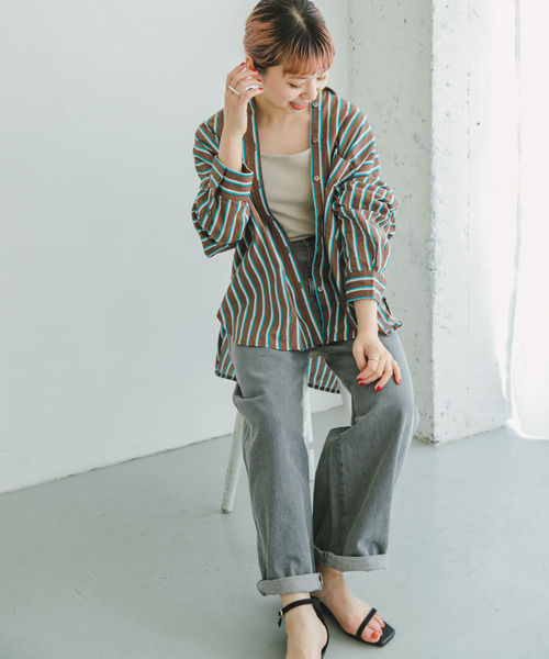 ITEMS URBANRESEARCH（アイテムズ アーバンリサーチ）の「ボイルストライプオーバーシャツ（シャツ/ブラウス・レディース・ブラウン/ブラック/オフホワイト・FREE）」の5枚目の写真