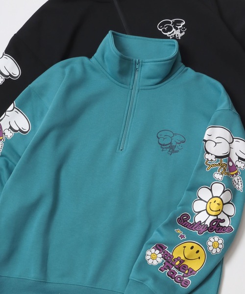 SMILEY FACE(スマイリーフェイス)の「SMILEY FACE/スマイリーフェイス オーバーサイズ 裏起毛 袖プリント ロゴ ワンポイント刺繍 ハーフジップ スウェット トレーナー/長袖 トップス プルオーバー/レディース メンズ(スウェット・レディース・ブラック系その他/ミント/グレー/ブラック/ブルー/グレー系その他/アッシュグレー/スミクロ・LL/M/L)」の2枚目の写真