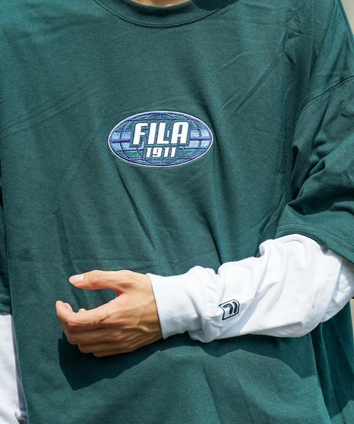 FILA（フィラ）の「【FILA/フィラ】フェイクレイヤード　胸ワンポイント刺繍　ロンT ドロップショルダー ストリート ビッグシルエット（Tシャツ/カットソー・メンズ・ライトベージュ/ダークグリーン/ブラック・MEDIUM/LARGE/X-LARGE）」の9枚目の写真