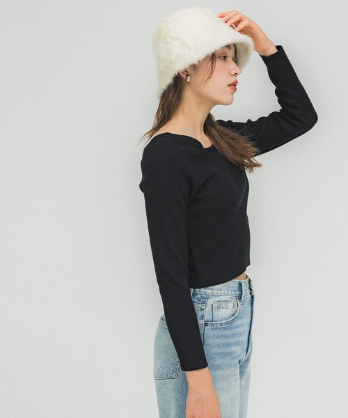 coca(coca)(コカ)の「クロップド丈長袖リブニットトップス(ニット/セーター・レディース・ピンク/グレー/ブラック・M/L)」の8枚目の写真