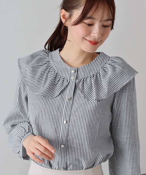 BLUEEAST（ブルーイースト）の「ビッグカラーストライプブラウス（シャツ/ブラウス・レディース・ブラック/ブルー・MEDIUM）」の2枚目の写真
