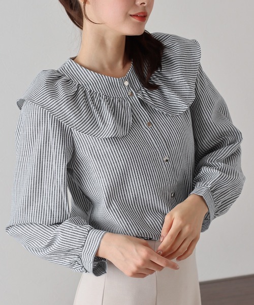 BLUEEAST（ブルーイースト）の「ビッグカラーストライプブラウス（シャツ/ブラウス・レディース・ブラック/ブルー・MEDIUM）」の5枚目の写真