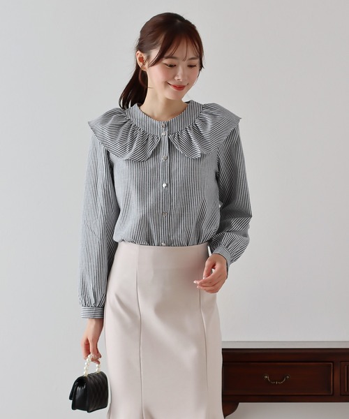 BLUEEAST（ブルーイースト）の「ビッグカラーストライプブラウス（シャツ/ブラウス・レディース・ブラック/ブルー・MEDIUM）」の3枚目の写真