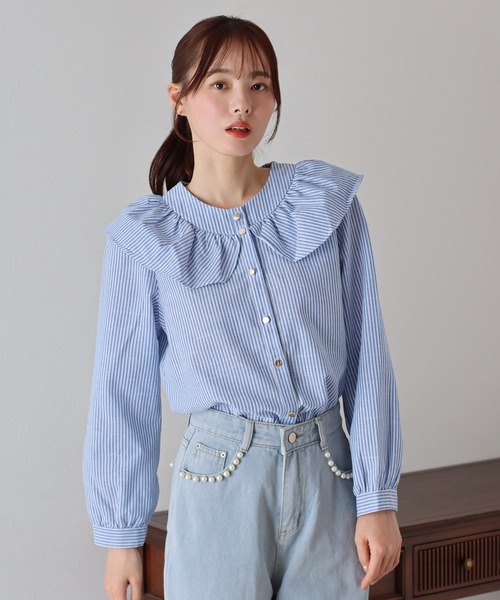 BLUEEAST（ブルーイースト）の「ビッグカラーストライプブラウス（シャツ/ブラウス・レディース・ブラック/ブルー・MEDIUM）」の10枚目の写真