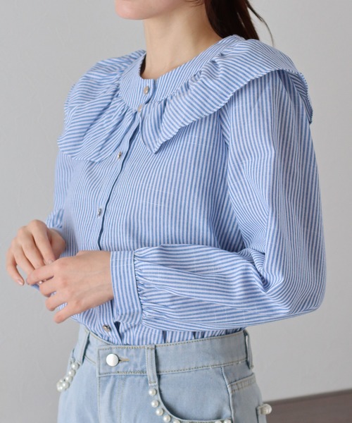 BLUEEAST（ブルーイースト）の「ビッグカラーストライプブラウス（シャツ/ブラウス・レディース・ブラック/ブルー・MEDIUM）」の11枚目の写真
