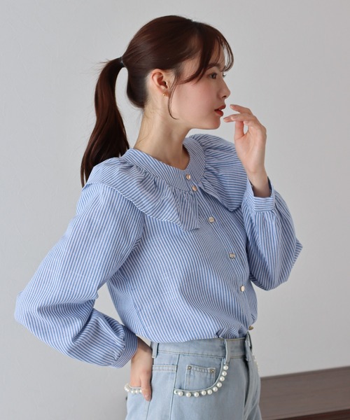 BLUEEAST（ブルーイースト）の「ビッグカラーストライプブラウス（シャツ/ブラウス・レディース・ブラック/ブルー・MEDIUM）」の12枚目の写真