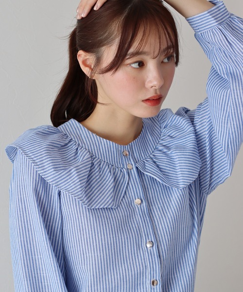 BLUEEAST（ブルーイースト）の「ビッグカラーストライプブラウス（シャツ/ブラウス・レディース・ブラック/ブルー・MEDIUM）」の13枚目の写真